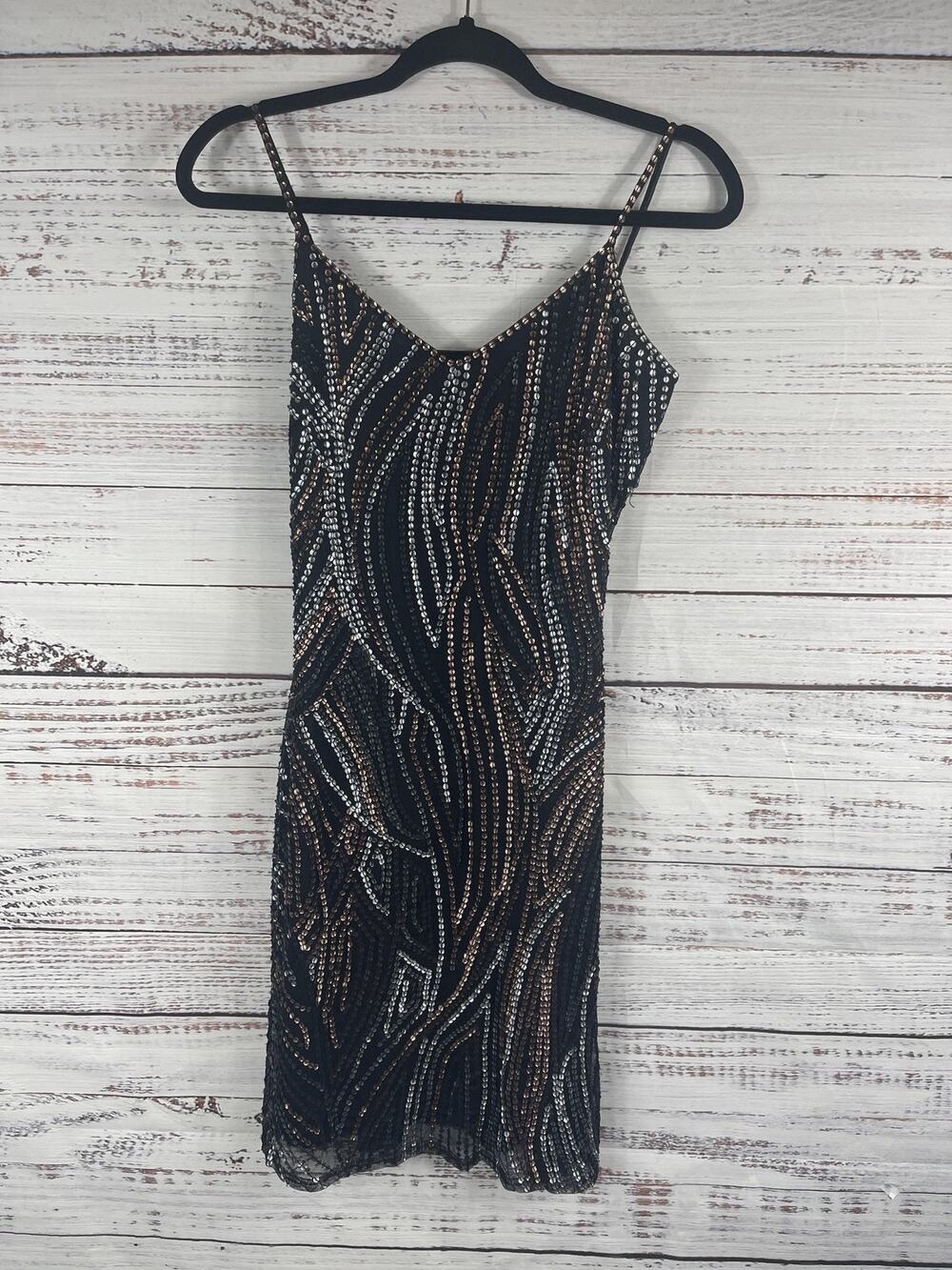 Sue Wong Dress Women's 4 Black Hand Beaded Sequin Cocktail Party Spaghetti Strap